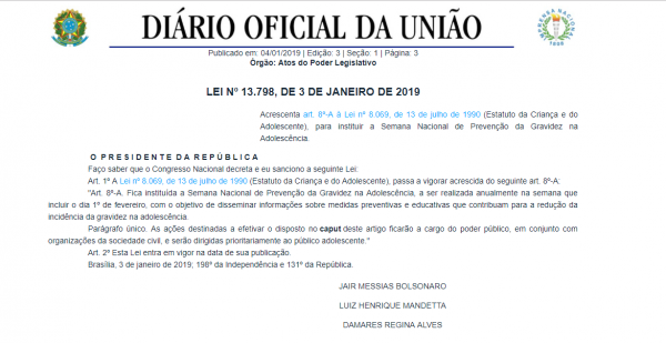 Bolsonaro sanciona lei da Semana da Prevenção a Gravidez na Adolescência 