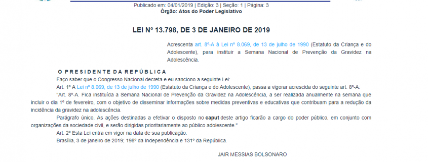 Bolsonaro sanciona lei da Semana da Prevenção a Gravidez na Adolescência